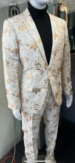 Mens White And Gold Embroidered Floral Suit – Prom Tuxedo Suit -Alberto Nardoni Shop White and Gold Embroidered Floral Suits