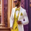 White And Gold Tuxedo Wedding Suit - White Dinner Jacket + Vest + Pants + Bow-tie -Alberto Nardoni Shop White and Gold Tuxedo Wedding Suit