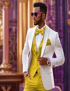 White And Gold Tuxedo Wedding Suit - White Dinner Jacket + Vest + Pants + Bow-tie