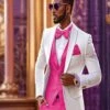 White And Hot Pink Tuxedo Wedding Suit - White Dinner Jacket + Vest + Pants + Bow-tie 11 White And Hot Pink Tuxedo Wedding Suit - White Dinner Jacket + Vest + Pants + Bow-tie -Alberto Nardoni Shop White and Hot Pink Tuxedo Wedding Suit