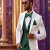 White And Hunter Tuxedo Wedding Suit - White Dinner Jacket + Vest + Pants + Bow-tie