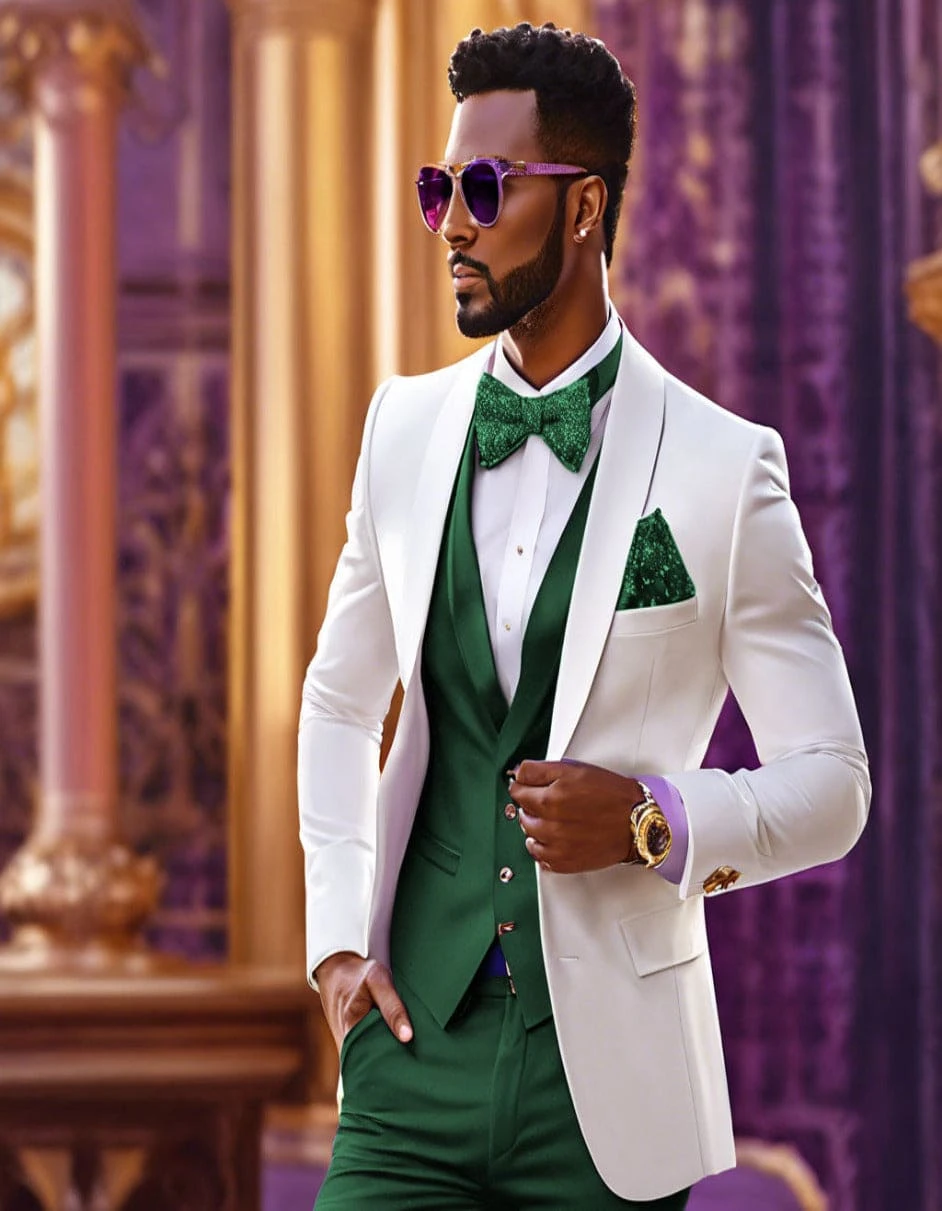 White And Hunter Tuxedo Wedding Suit - White Dinner Jacket + Vest + Pants + Bow-tie 1 White And Hunter Tuxedo Wedding Suit - White Dinner Jacket + Vest + Pants + Bow-tie
