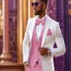 White And Light Pink Tuxedo Wedding Suit - White Dinner Jacket + Vest + Pants + Bow-tie -Alberto Nardoni Shop White and Light Pink Tuxedo Wedding Suit