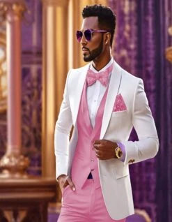 White And Light Pink Tuxedo Wedding Suit - White Dinner Jacket + Vest + Pants + Bow-tie