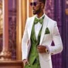 White And Olive Green Tuxedo Wedding Suit - White Dinner Jacket + Vest + Pants + Bow-tie