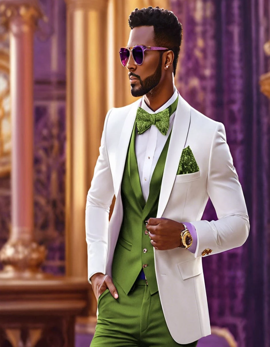 White And Olive Green Tuxedo Wedding Suit - White Dinner Jacket + Vest + Pants + Bow-tie 1 White And Olive Green Tuxedo Wedding Suit - White Dinner Jacket + Vest + Pants + Bow-tie