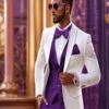 White And Purple Tuxedo Wedding Suit - White Dinner Jacket + Vest + Pants + Bow-tie -Alberto Nardoni Shop White and Purple Tuxedo Wedding Suit