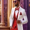 White And Red Tuxedo Wedding Suit - White Dinner Jacket + Vest + Pants + Bow-tie -Alberto Nardoni Shop White and Red Tuxedo Wedding Suit