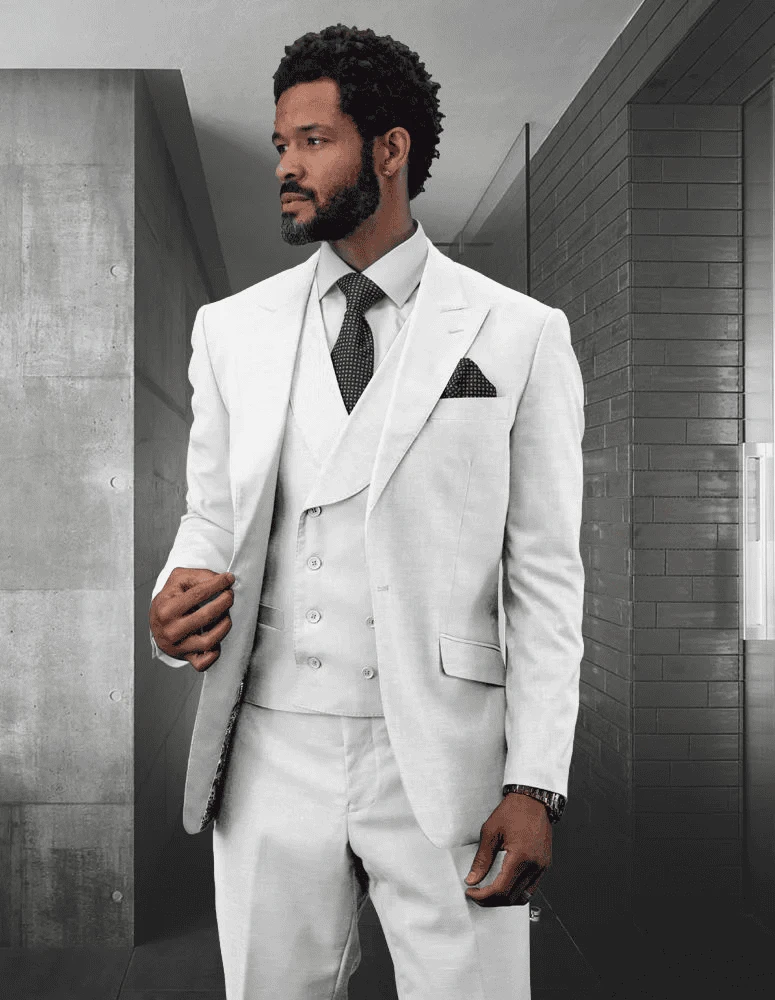 Mens One Button Peak Lapel Vested Wedding Suit With Gold Buttons In White 2 Mens One Button Peak Lapel Vested Wedding Suit With Gold Buttons In White - Image 2