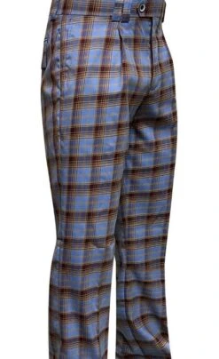 Mens Designer Wool Pleated Wide Leg Dress Pants In Blue And Brown Plaid
