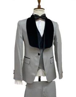 Grey Prom Suit - Gray Wedding Suit - Gray Tuxedo Mens Vested Designer Wide Shawl Tuxedo In Grey