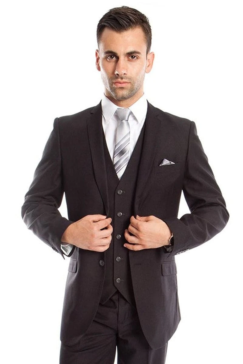 "Charcoal Grey Slim Fit Wedding Suit For Men - Two Button Basic Vested" 1 "Charcoal Grey Slim Fit Wedding Suit For Men - Two Button Basic Vested"