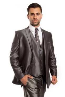 "Charcoal Grey Sharkskin Men's Wedding Suit - Two Button Vested Prom 2025 Fashion"