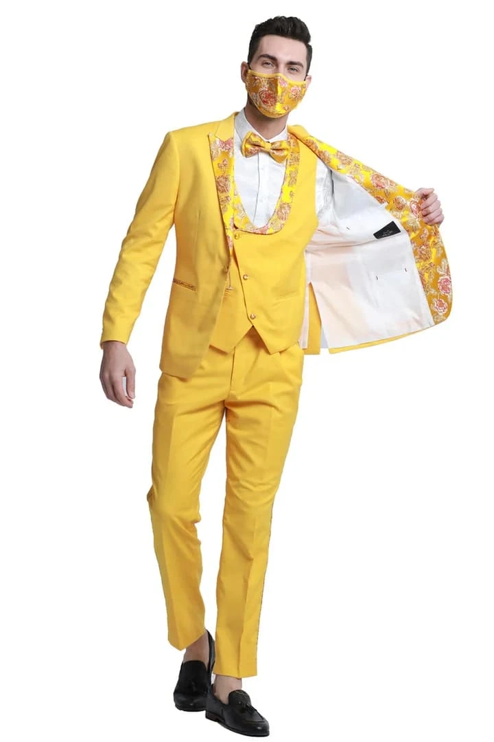 Men's One Button Vested Prom & Yellow Gold Wedding Tuxedo 1 Men's One Button Vested Prom & Yellow Gold Wedding Tuxedo