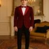 Men's Red Velvet Plaid Blazer With Satin Lapel – Designer Tartan Suit Jacket For Holidays And Events -Alberto Nardoni Shop aMen sRedJacketforHolidaysandEvents
