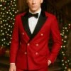 Men's Red Double-Breasted Wedding Tuxedo With Black Velvet Lapel And Gold Buttons - Christmas New Year Suit -Alberto Nardoni Shop aRedTuxedo