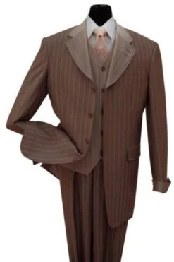 "Sharkskin Pinstripe Men's Zoot Suit With Vest - Brown Fashion"