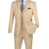 Beige Trimmed Lapel Slim Fit 3 Piece Suit