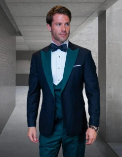 Black And Green Tuxedo - Mens Wool Vested Wide Contrast Peak Wedding Tuxedo In Black & Hunter Green