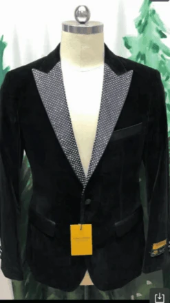 Black Velvet Blazer Tuxedo With Silver Dimond Lapel With Matching Bowtie