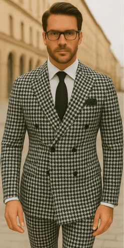 Wool Suit - Italian Made Business Suit By Statement Men's 2 Piece 100% Wool Double Breasted Suit - Houndstooth Pattern -Alberto Nardoni Shop black2 61b50179 09e8 448a 9602 349a4d4daab5