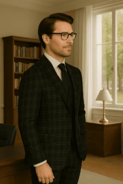 Wool Suit - Italian Made Business Suit By Statement Men's 3 Piece 100% Wool Modern Fit Suit - Plaid Pattern -Alberto Nardoni Shop black3 853865fb d1b2 475c b802 3ce8cdcc9ac2