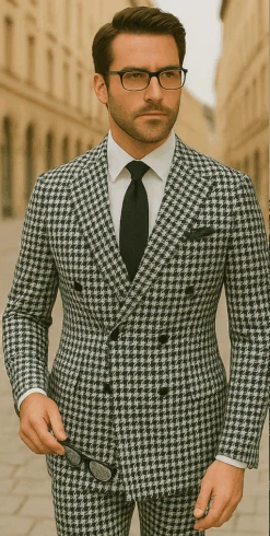 Wool Suit - Italian Made Business Suit By Statement Men's 2 Piece 100% Wool Double Breasted Suit - Houndstooth Pattern -Alberto Nardoni Shop black4 865118be 206a 4d8a 9d5e 92eb9a723997