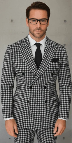 Wool Suit - Italian Made Business Suit By Statement Men's 2 Piece 100% Wool Double Breasted Suit - Houndstooth Pattern