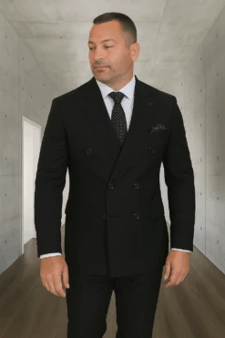 Wool Suit - Italian Made Business Suit By Statement Men's 2 Piece 100% Wool Double Breasted Suit - Micro Windowpane