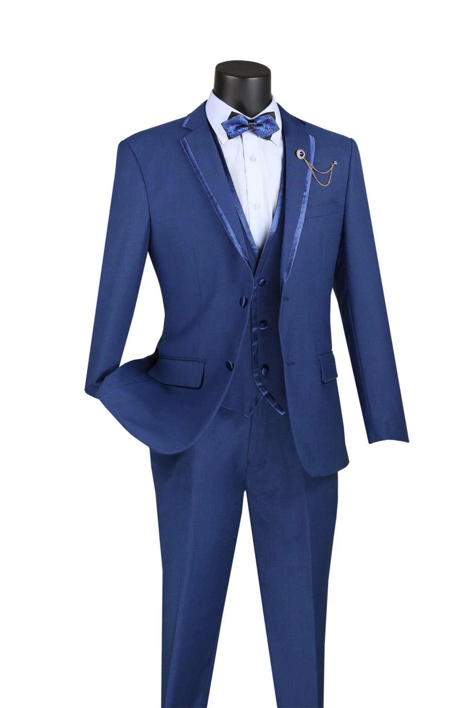 Blue Trimmed Lapel Slim Fit 3 Piece Suit 1 Blue Trimmed Lapel Slim Fit 3 Piece Suit