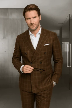 Wool Suit - Italian Made Business Suit By Statement Men's 100% Wool 2 Piece Suit - Double Breasted Windowpane -Alberto Nardoni Shop brown2