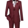 Burgundy Trimmed Lapel Slim Fit 3 Piece Suit