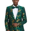 Men's Slim Fit Hunter Green And Gold Paisley Prom And Wedding Tuxedo Jacket