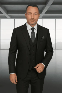 Wool Suit - Italian Made Business Suit By Statement Men's 3 Piece 100% Wool Modern Fit Suit - Solid Scoop Vest