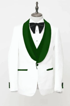 Men's Vested White Paisley Wedding & Prom Tuxedo With Hunter Green Velvet Lapel