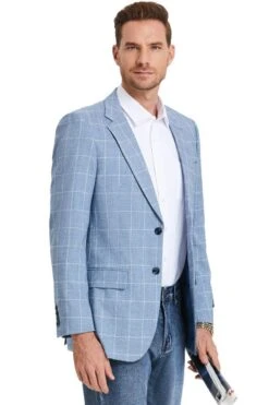 Western Sport Coat - Western Blazer Men's Slim Fit Business Casual Summer Windowpane Plaid Blazer In Light Blue