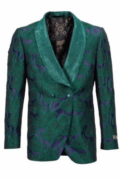 Men's Double Breasted Shiny Floral Embroidered Tuxedo Dinner Jacket In Green
