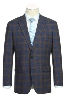 Western Sport Coat - Western Blazer Mens Slim Fit Two Button Sport Coat Blazer In Navy Blue & Gold Windowpane Plaid
