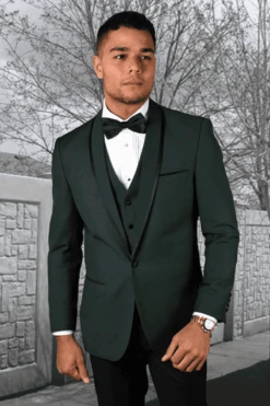 Men's Designer Vested Satin Trim Shawl Wedding & Prom Tuxedo In Hunter Green