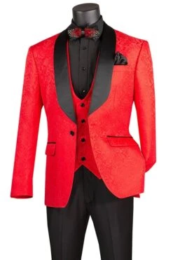 Black And Red Suit Men's Slim Fit Vested Paisley Wedding Tuxedo In Red