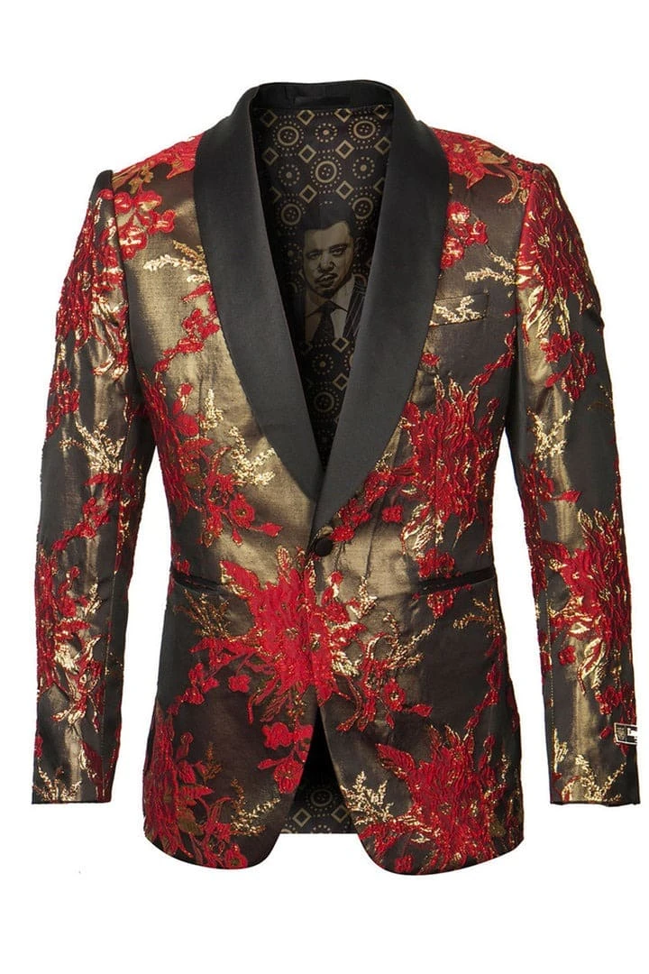 Black And Red Suit Men's Shiny Satin Paisley Prom Tuxedo Jacket In Red & Gold 1 Black And Red Suit Men's Shiny Satin Paisley Prom Tuxedo Jacket In Red & Gold