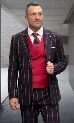 Black And Red Suit Athletic Suit - Black ~ Red Windowpane - Plaid Suit Modern Fit Side Vented Super 150'S Wool Fabric