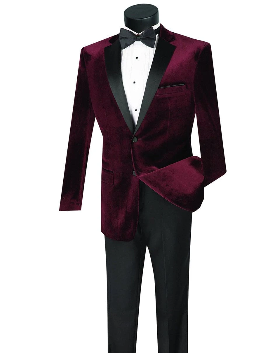 Mens Velvet Notch Prom Tuxedo In Burgundy 1 Mens Velvet Notch Prom Tuxedo In Burgundy