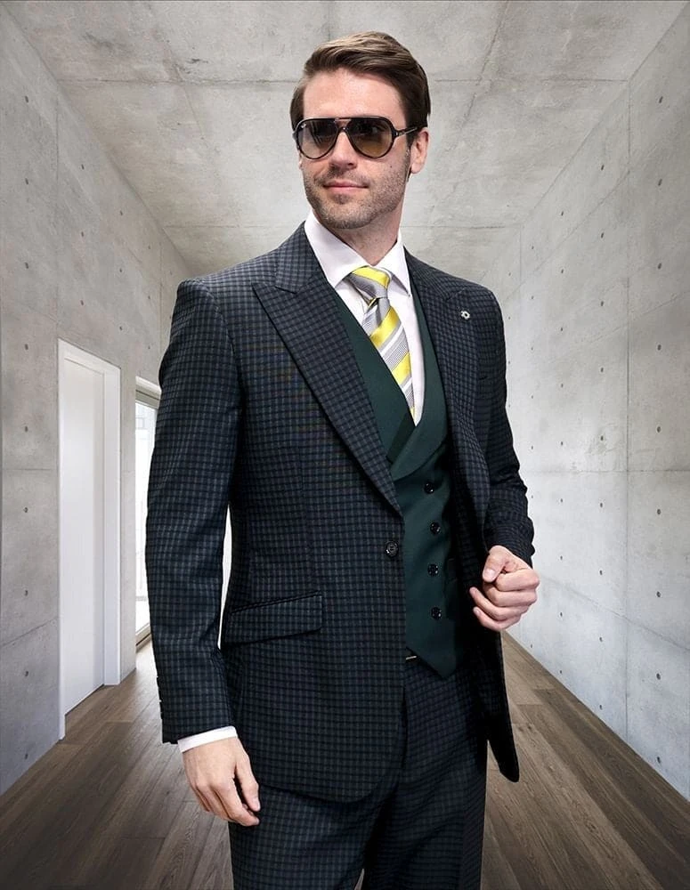 Statement ITALY Suit - Super 150's Wool Suit Statement Men's 3 Piece Modern Fit 100% Wool Suit - Micro Plaid 1 Statement ITALY Suit - Super 150's Wool Suit Statement Men's 3 Piece Modern Fit 100% Wool Suit - Micro Plaid