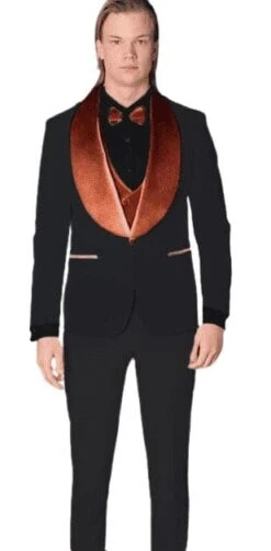 Wedding Tuxedos For Men In Black & Orange Classic Wedding Tuxedo Style For Guys - Two Toned Lapel