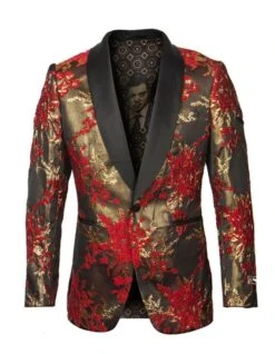 Mens Designer Traditional Shawl Dinner Jacket In Red & Gold