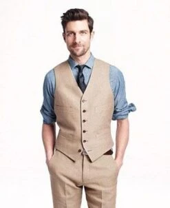 Mens Linen Vest And Pants Set - Wedding Summer Vestin Taupe
