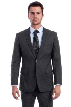 "Modern Fit Men's Summer Suit - Two Button Linen Look, Dark Grey"