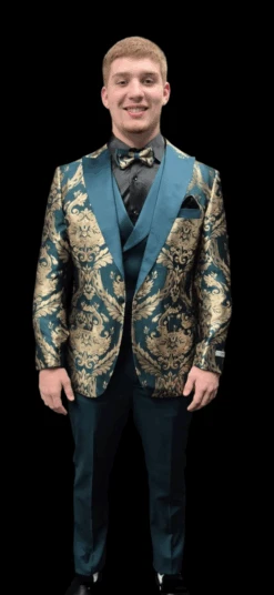 Green And Gold Tuxedo Suit - Paisley Floral Wedding Vested Suit