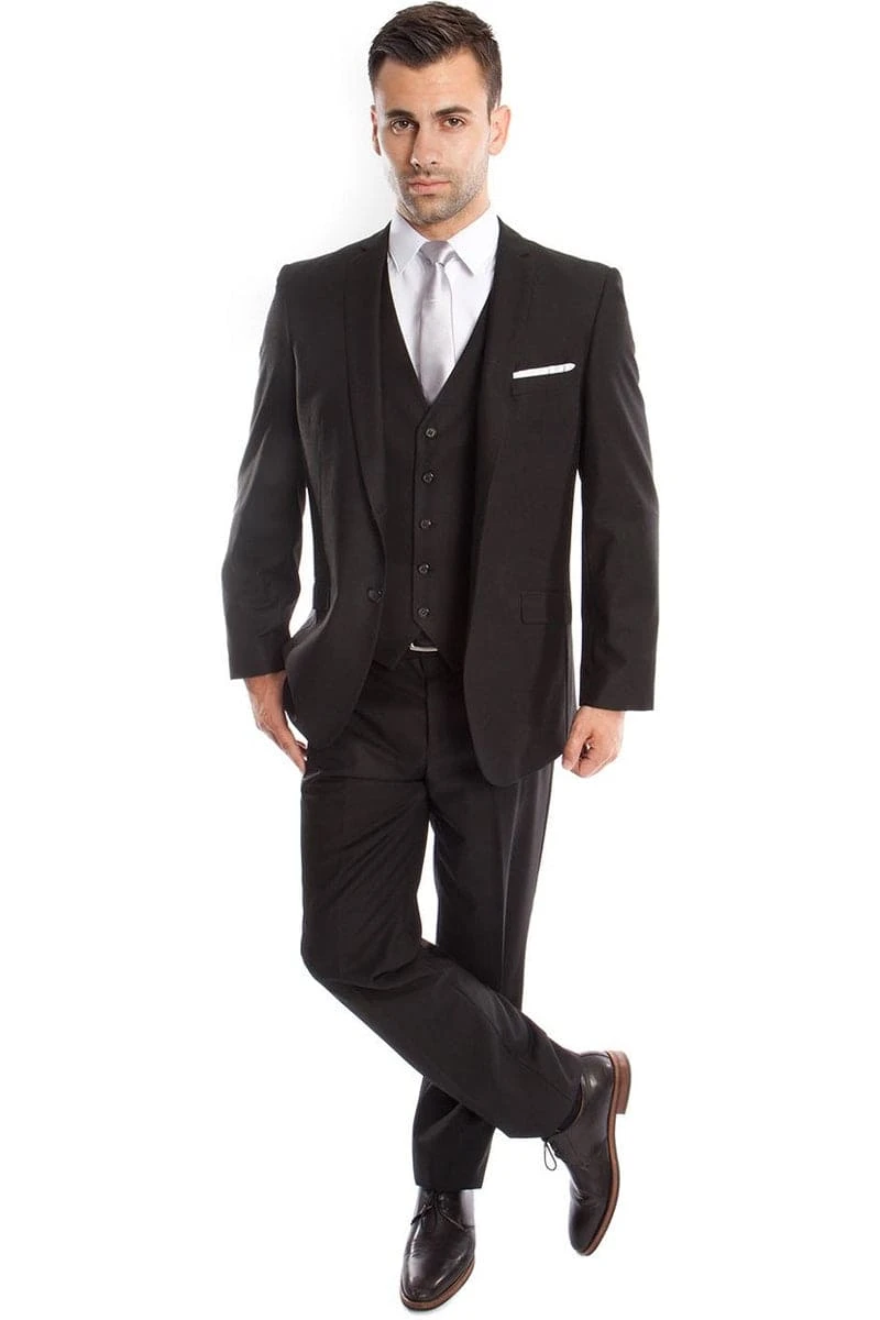 "Black Slim Fit Men's Wedding Suit - Two Button Basic Vested" 2 "Black Slim Fit Men's Wedding Suit - Two Button Basic Vested" - Image 2